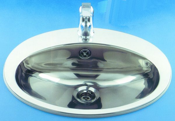 Edelstahlbecken OVAL m.Hahnbank 530/450/155mm Rand Normal Innen und Aussen Poliert